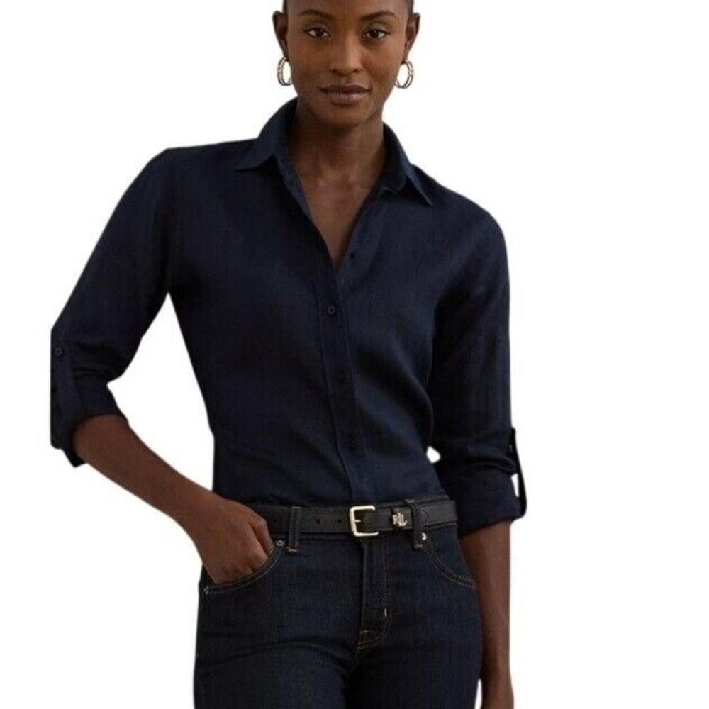 Lauren Ralph Lauren Relaxed Fit 100% Linen Roll Tab Sleeves Shirt Navy Women XL - Picture 5 of 13